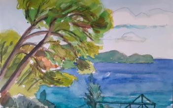 Aquarelle de Henri-Marc Duplantier. "Automne comme un dimanche d'été  Pins enlacés depuis toujours  Amants penchés vers le bleu de la mer"